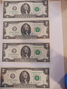 Four Consecutive BU Crisp 2017A   2 dollar Bills - Picture 1 of 2