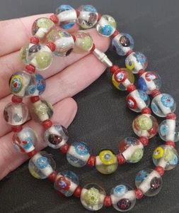 GLASS millefiori BEADS 11mm ROUND BEAD NECKLACE vintage flower retro multi red - Picture 1 of 8