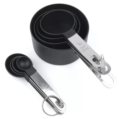 8pcs Black Measuring Cups & Spoons Set stainless Steel Handle BAKING COOKING - Image 1 of 4
