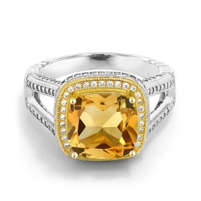 Anillo de compromiso de plata de ley 925 de dos tonos de 5,47 quilates con halo de citrino amarillo cojín Foto 1 de 3