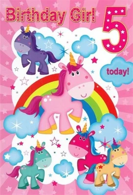 "Tarjeta de quinto cumpleaños para niña de 5 años - arco iris y unicornios con nubes y estrellas 7,75x5,25" Foto 1 de 4
