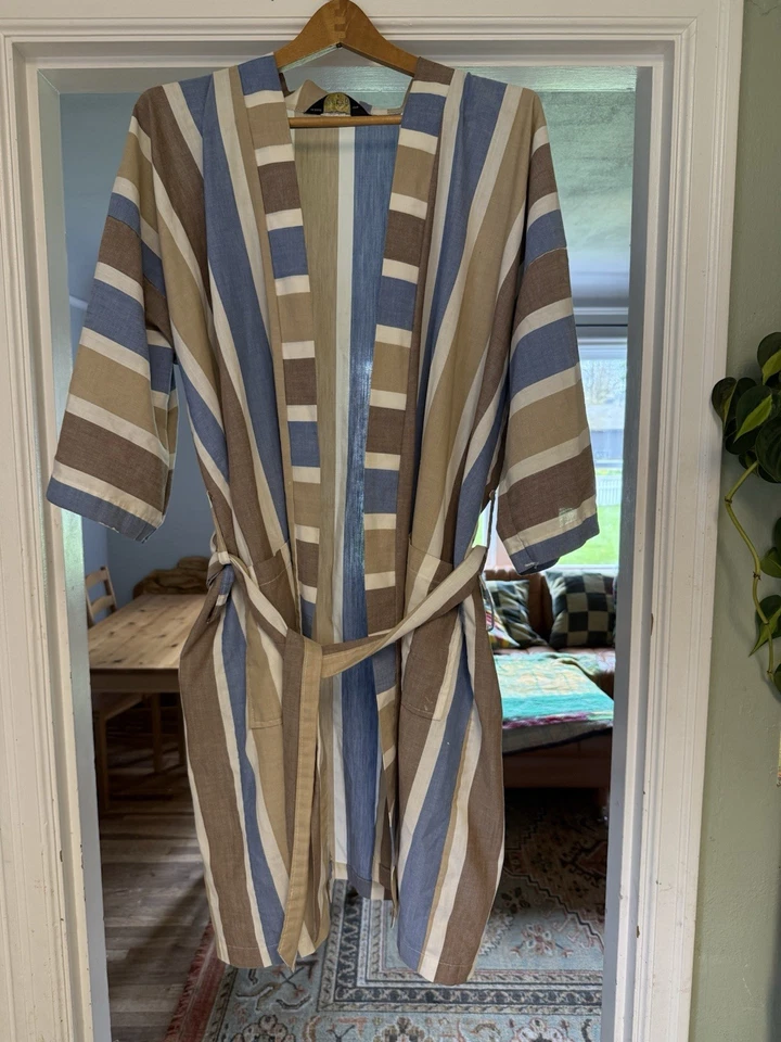 Roupão unissex vintage 100% algodão quimono médio feito nos EUA marrom azul - Imagem 1 de 4