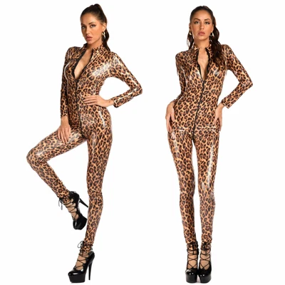 Damen Langarm Jumpsuit Leopard Muster Glänzend Rollkragen Bodysuit Zipper Offen - Bild 1 von 4