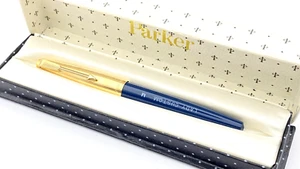 VINTAGE PARKER LADY CUSTOM FOUNTAIN PEN IN BOX IN BLUE AND GOLD 14K MEDIUM NIB - Picture 1 of 14