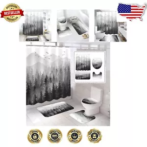 Complete Bathroom Decor Set: 4 Black & White Waterproof Shower Curtain & Mats - Picture 1 of 9