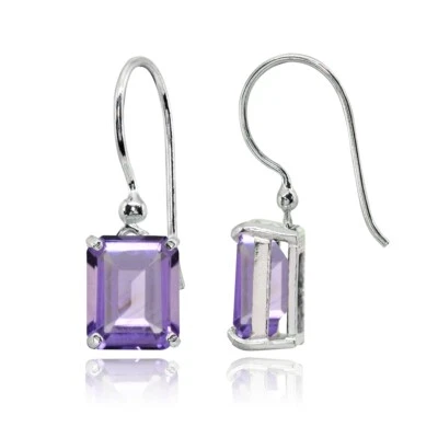 Polished Octagon-Cut Solitaire Amethyst Dangle Earrings in Sterling Silver - Image 1 of 4