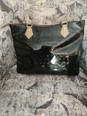 Arcadia Italian Black Patten Leather Satchel M-L Beige Handles, w/5 ft Gorgeous❣ - Image 1 of 4