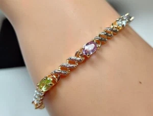NWT 925 Sterling Silver GP 9 Assorted Gemstones 7 1/2" Bracelet Safety Clasp - Picture 1 of 3