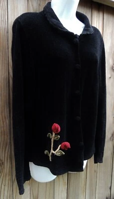 VINTAGE CHENILLE JACKET - BLACK with 2 RED CHENILLE ROSES ~~ SMALL ~~ EXCELLENT - Image 1 of 4
