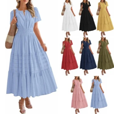 Lady Short Sleeve V Neck Maxi Dress Casual Summer Pocket Ruffle Swing Dresses UK - Image 1 of 4