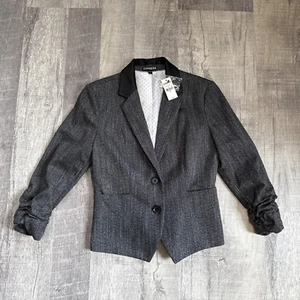 NWT Express Gray Ruched Sleeve Blazer Women's 4 Button Front Tailored Workwear - Picture 1 of 10