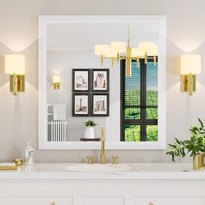 Bathroom Mirror, 40X38 Inch White Thick Metal Framed Wall Mirrors for over Sink, - Picture 1 of 8