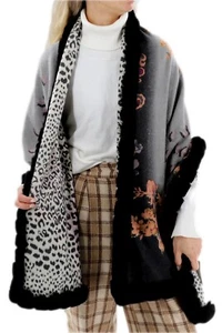 La Fiorentina Reversible Animal Print Wrap with Rex Trim - 100% Wool - Picture 1 of 4