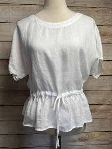 Cloth & Stone Linen Top Blouson S Drawstring Waist White Peplum Anthropologie - Picture 1 of 12
