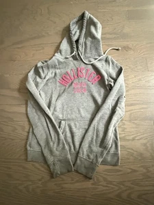Hollister Hoodie Size medium Juniors Long Sleeve Pullover Gray Pink Sewn Logo - Picture 1 of 10