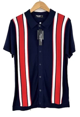 Camisa Polo Tejida PJ Paul Jones Botones Retro Bowler Para Hombre Mediana Azul Marino Rayas Foto 1 de 4