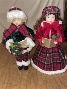 15” Caroler Girl & Boy Doll Table Top Christmas Decor Red Plaid - Picture 1 of 10