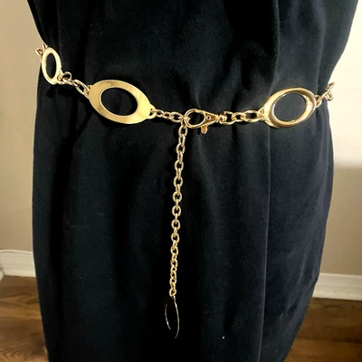 Cinturón de cadera con eslabones de cadena tono dorado fósil ovalado círculo abierto declaración ajustable Foto 1 de 4