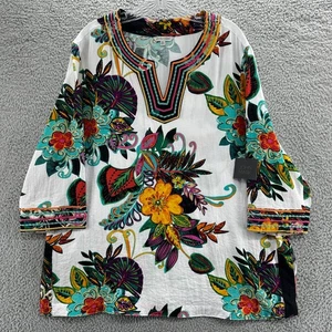 John Mark Top Womens XL White 3/4 Sleeve Floral Embroidered Boho Blouse $129 - Picture 1 of 10