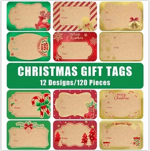 120Pcs Foil Kraft Christmas Gift Tags Stickers for Presents, 12 Jumbo Designs - Picture 1 of 5
