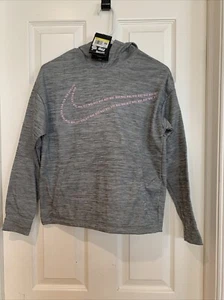 Nwt NIKE Big GIRLS HOODIE Pockets, Thumbs GREY/PINK Dri- Fit Size S? 10/12 - Picture 1 of 13