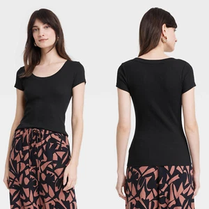 Large - Womens Slim Fit Short Sleeve Ribbed Scoop Neck T-Shirt - A New Day - Bla - Picture 1 of 11