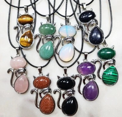 ONE Necklace, Cat Pendant, Aventurine , Tiger Eye, Quartz, Obsidian , Gift 240 - Image 1 of 4