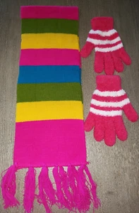 girls BRIGHT COLORS STRIPED KNIT WINTER SCARF STRETCHY GLOVES one size stretch - Picture 1 of 1