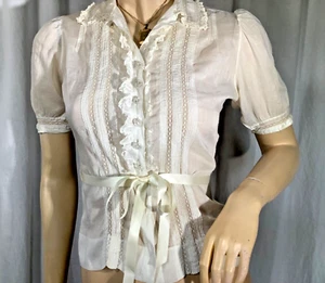 Blusa Top Vintage Encaje Algodón Eduardiano Manga Corta Botón Antigua Reliquia XS - Imagen 1 de 18