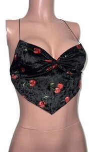 Sexy black cherry print open back crop top new pin up beardance L New Y2K Vtg-y - Picture 1 of 6