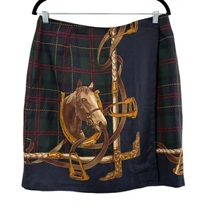 Vtg 90s Norton McNaughton Horse Equestrian Print Skirt Tartan Womens Size 14 - Picture 1 of 6