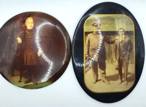 World War 1 Soldier an Friend on Tin Oval Picture Young Girl on Round Tin Torn - Picture 1 of 12