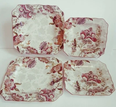 4 GABRIELLE Jacobean Floral Cream 222 Fifth Dinner Salad Scalloped Square Plates - Image 1 of 4