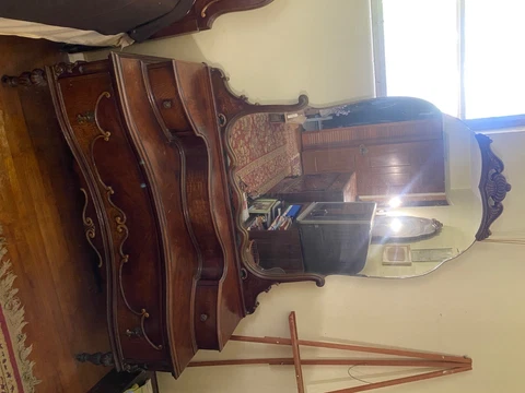 5 piece antique wood bedroom set full size bed wardrobe dresser vanity mirror Cover