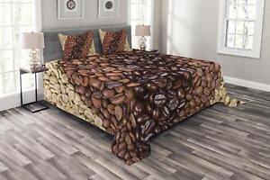 Coffee Quilted Bedspread & Pillow Shams Set, Coffee Beans Stripes Print