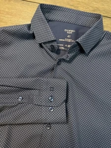 Olymp Super Slim No 6 Dynamic Flex LS Polka Dot Blue Button Shirt Size 41 - Picture 1 of 7