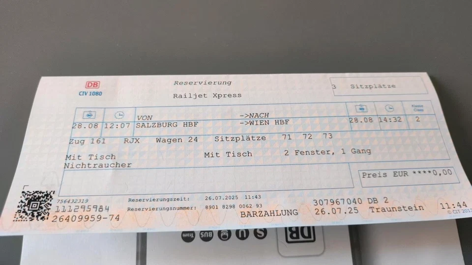 Zugticket für 3 Personen am 28.08.25 von Traunstein nach Wien - Bild 1 von 1