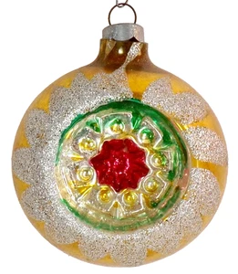 Christmas Ornament Reflector Indent Gold Glass Red Flower Glitter Vintage #644 - Picture 1 of 7