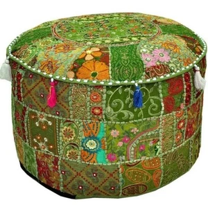 Indian Retro Embroidered Patchwork Round Pouf Cover Footstool 14” High 18”Across - Picture 1 of 6