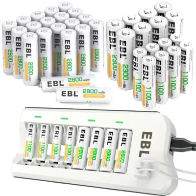 EBL AA AAA Rechargeable Batteries 2300 1100 2800mAh / NI-MH Optional Charger Lot - Image 1 of 4