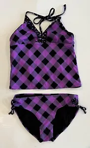 Justice Girls 14 Two Piece Swimsuit Purple Plaid Halter Top Hipster Bottom Lined - Picture 1 of 3