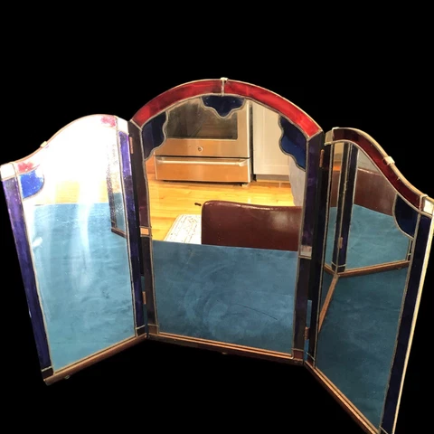 Vintage Tri-Fold Mirror AS IS Free Standing With Faux Stained Glass Look Cover