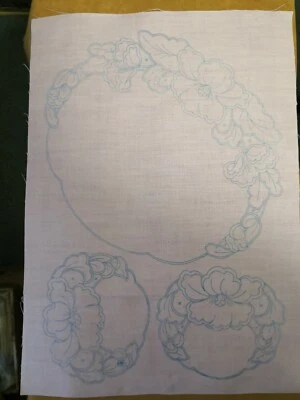 VINTAGE STAMPED IRISH LINEN DUCHESSE SET Floral Design in Pink - Image 1 of 2