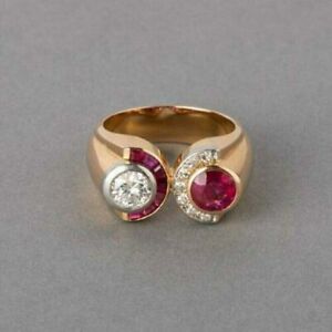 Round Cut Simulated Red Ruby Women's Pretty Band Ring In 14K Yellow Gold Plated