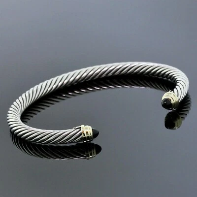 David Yurman Silver/14K Yellow Gold 5mm Black Onyx Cable Classic Cuff Bracelet - Image 1 of 3