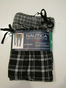 NWT Mens NAUTICA Sleepwear 2 Pack Gray Black Plaid Fleece Pajama Pants XL 40-42