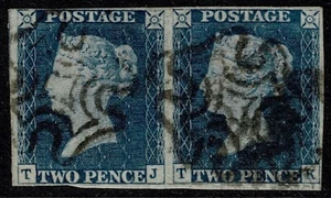 1840 2d Pale Blue Plate 1 TJ-TK 4m Pair Fine Black MX VG/FU Cat. £2,200.00 - Picture 1 of 1