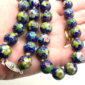 Cloisonne blue glass necklace vintage floral knotted beads length 60cm - Picture 1 of 11