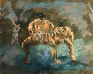 ORIGINAL LEON GOODMAN "Sumo Wrestlers" japanese shinto wrestling OIL PAINTING - Picture 1 of 2