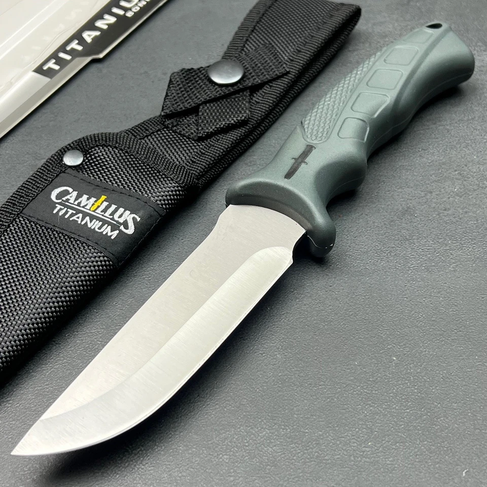Cuchillo de caza Camillus grande de titanio de hoja fija Full Tang con funda de goma Foto 1 de 4